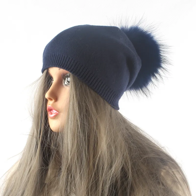 Femmes hiver laine tricoté chapeaux pompon bonnet fourrure de renard naturel pompons chapeau couleur unie causal chapeau chapeau D18110102