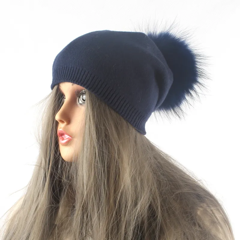 Kvinnor Winter Wool Sticked Hats Pompom Beanie Natural Fox Fur Pompons Hat Solid Color Causal Hat Cap D181101023034875