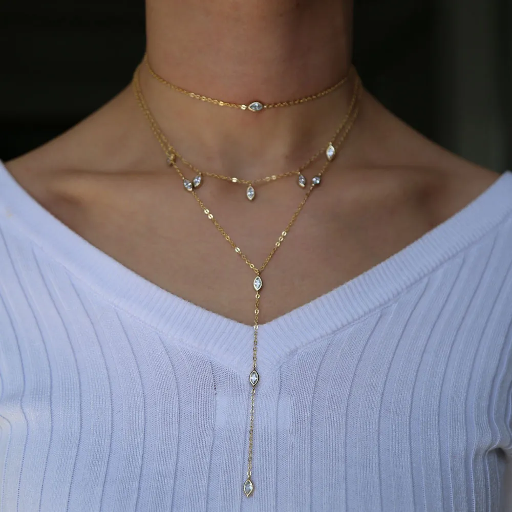 Européen USA vente de bijoux pour femmes de haute qualité plaqué or femmes trois couches multicouche chaîne longue sexy été cz charme neck254B