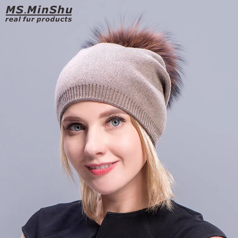 Cashmere Hats For Women Pompom Beanies Fur Hat Female Warm Caps With Real Raccoon Fur Pompom Bobble Hat Adult228y