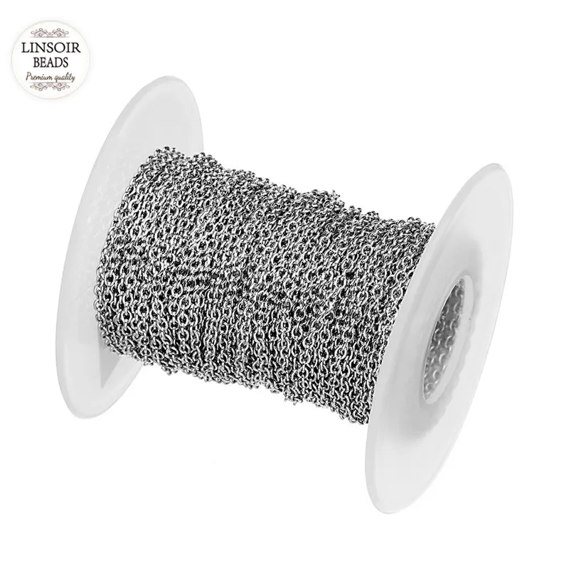 Kedjor Hela 10yards Roll 1mm 1 5mm 2mm 2 5mm 3mm Bredd Silver Tone Rostfritt stål Metalllänkkedja för halsbandarmband J316L