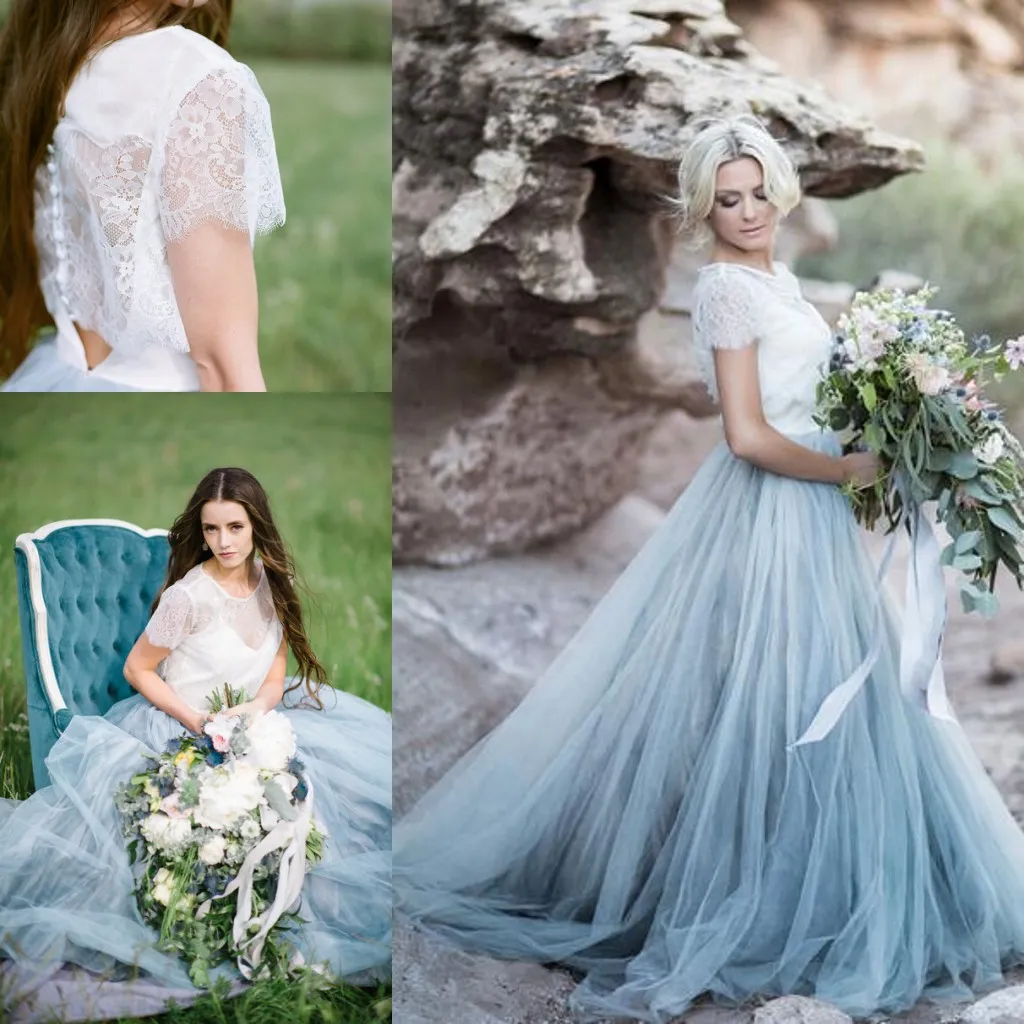 Vintage Romantic Ice Blue Country Style Lace Wedding Dresses Tulle Short Sleeves Jewel Neck Floor Length Wedding Dress Bridal Gowns