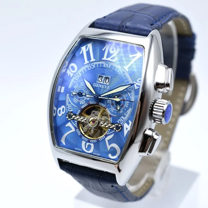 Geneve tourbillon lederen automatische mechanische herenhorloges skelet holle dag datum mannen designer horloge geschenken heren polshorloge mont259f