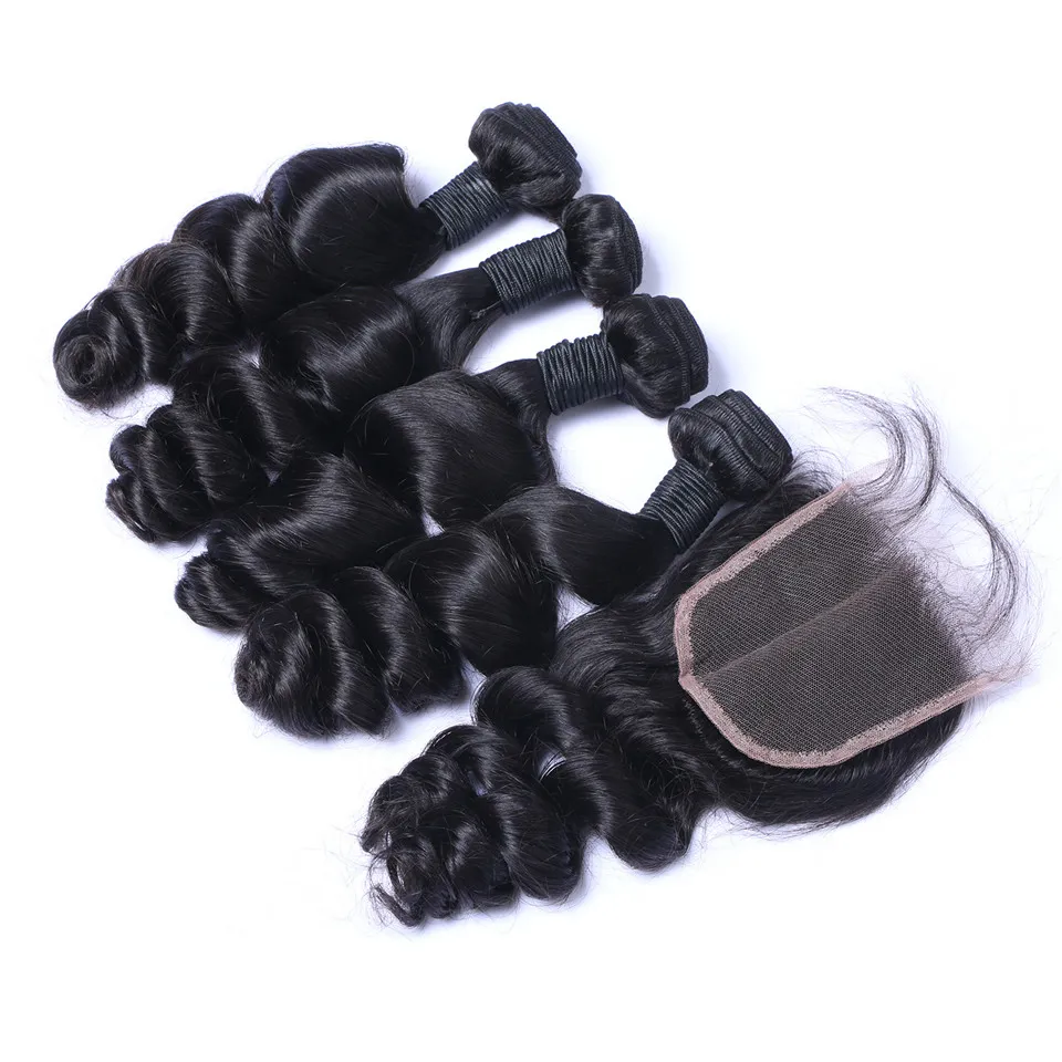 Malaysian Loose Wave Hair Weaves 4 Bundles with Closure Free Middle 3 Part Double Weft Human Hair Extensions Dyeable Human Hair Weave