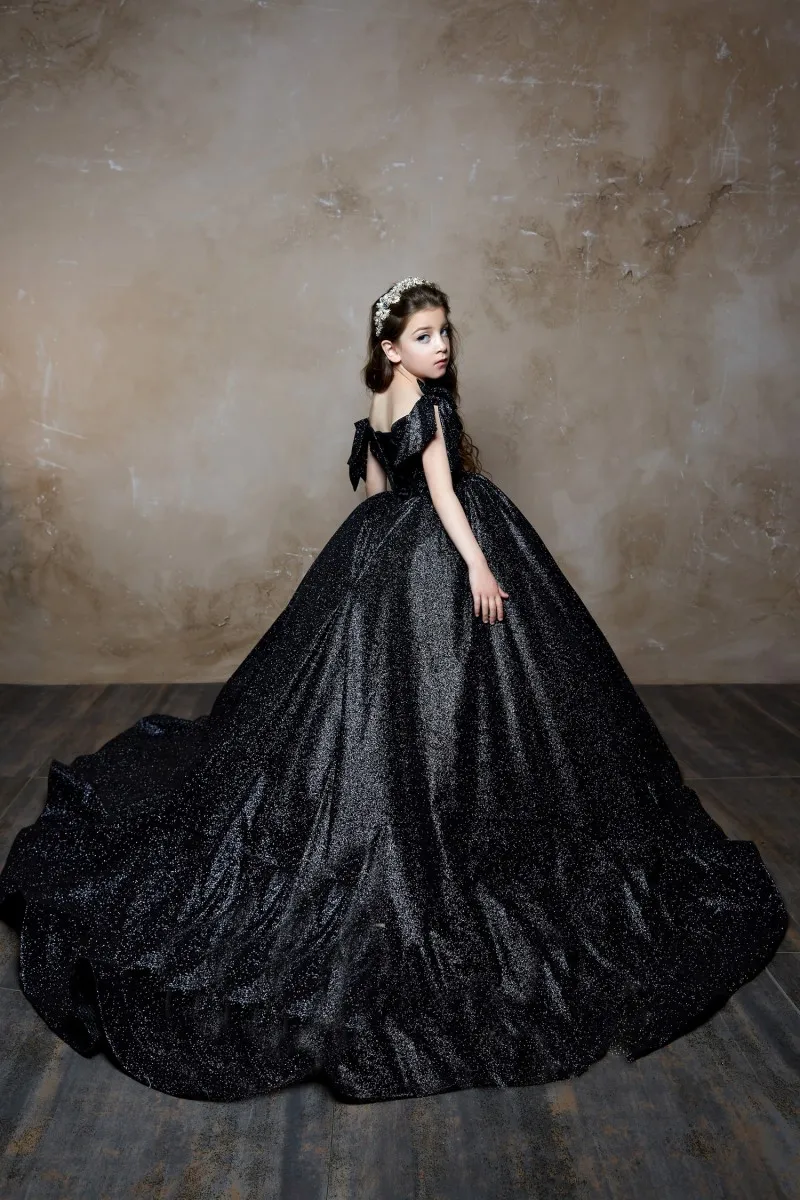 Robes de concours à paillettes Pentelei, épaules dénudées, plis, princesse, à fleurs, pour enfants, robes d'anniversaire noires