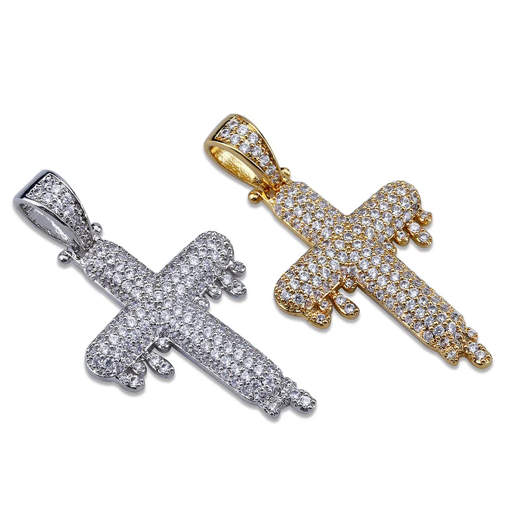 Iced Out Drop Cross Pendant Necklace Micro Pave Zircon Brass Gold Silver Color Plated Hip Hop Mens Jewelry271C