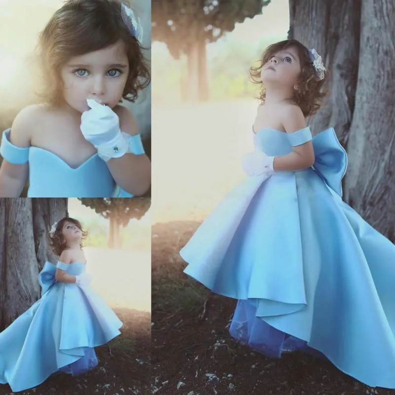 Baby Blue Girls Pageant Gowns Off The Shoulder Satin High Low Flower Girl Dresses For Wedding Big Bow Children Birthday Party Dress4363