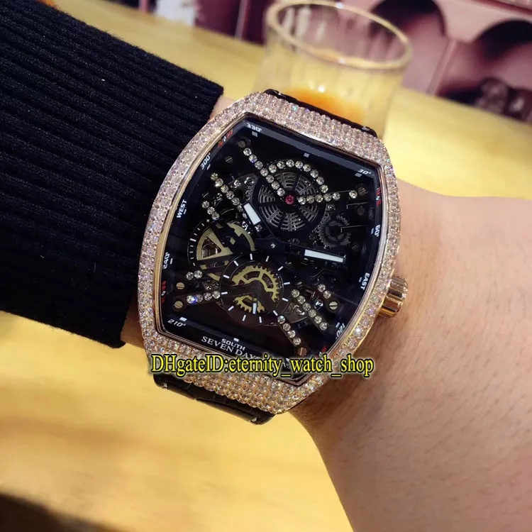 Eternidade de alta qualidade V 45 S6 SQT NR BR NR Gold Skeleton Dial Rose Gold Diamond Case Relógio automático masculino com pulseira de couro Iced Out291s