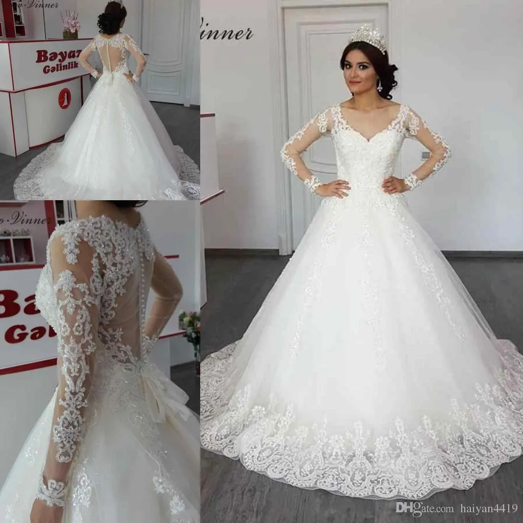 Deep Sexy Vintage V Neck Lace Dresses Long Illusion Sleeves Appliques Sweep Train Wedding Dress Bridal Gowns Robe De Mariee