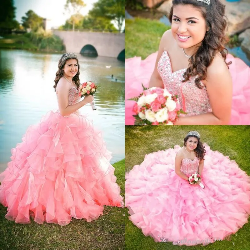 New Pink Beaded Ball Gown Luxury Quinceanera Dresses Sweet 16 Dress Beaded Crystals Tiered Organza Backless Long Prom Dresses Custom
