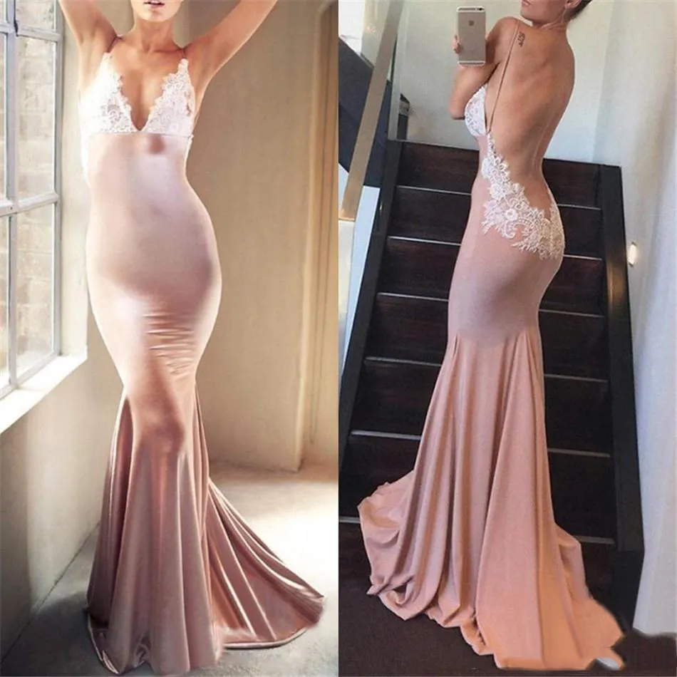 Ny sexig rosa sjöjungfru prom klänningar djup v hals rygglös spets applikation veck svep tåg elegant formell klänning kväll klänningar vestidos estidos