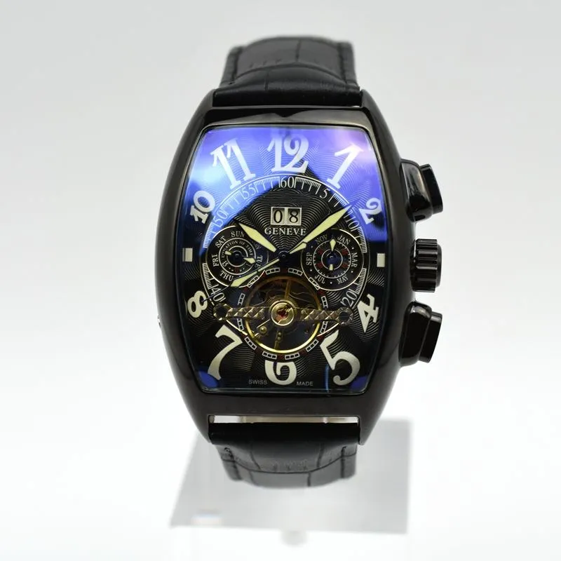 Tourbillon automatische mechanische Leder Herrenuhren Mode hohle Skelett Tag Datum Männer Designeruhren ganze Herrengeschenke sa255O