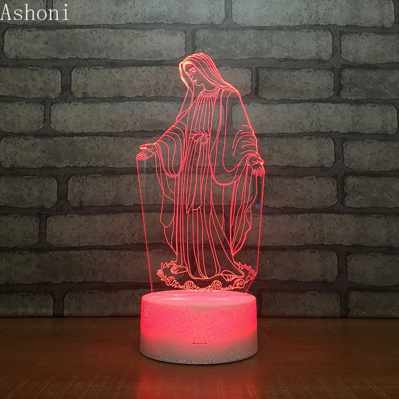 3d acrílico led noturno luz abençoada Virgem Mary Touch 7 Cor de mesa Lâmpada de mesa Party Party Decorative Light Christmas Gift286J