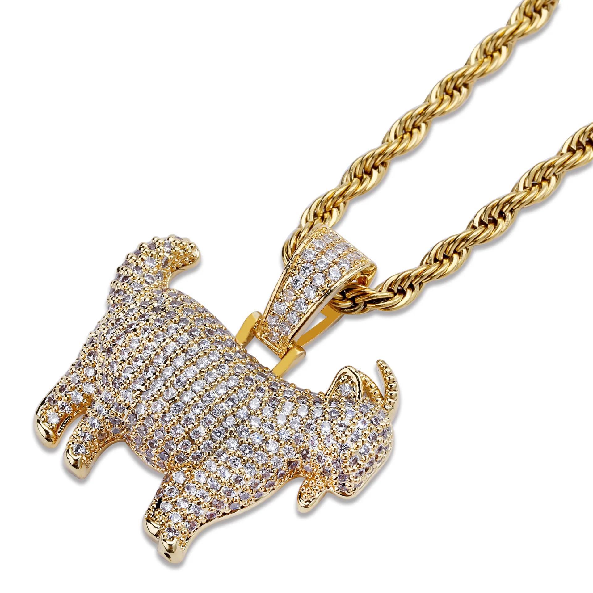 Shiny Trendy Goat Animal Pendant Necklace Charms For Men Women Gold Silver Color Cubic Zircon Hip Hop Jewelry270K