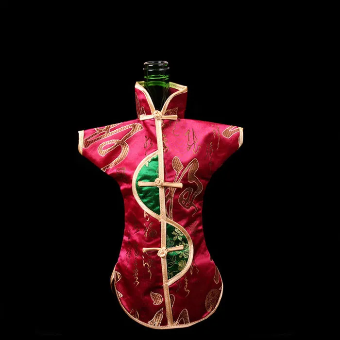 Antique Chinese style Wine Bottle Cover Christmas Bag Table Decoration Silk Brocade Fabric Red Wine Bag Bottle Pouch fit 750ml 100320E