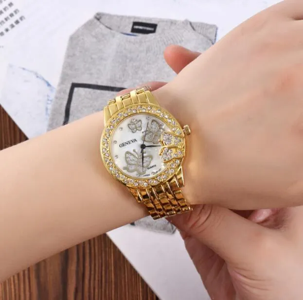 2018 hot sales Gold silvery Rose Gold Luxurious crystal Butterfly steel strip Wrist Watch High-grade fashion woman quartz Wrist watch