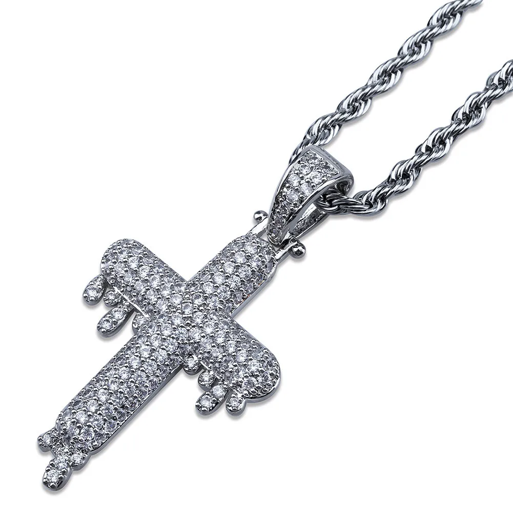 Iced Out Drop Cross Pendant Necklace Micro Pave Zircon Brass Gold Silver Color Plated Hip Hop Mens Jewelry271C