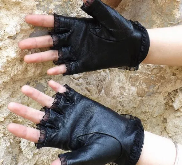 / fashion noir véritable cuir femme gants sans doigts pour danse sports GL1