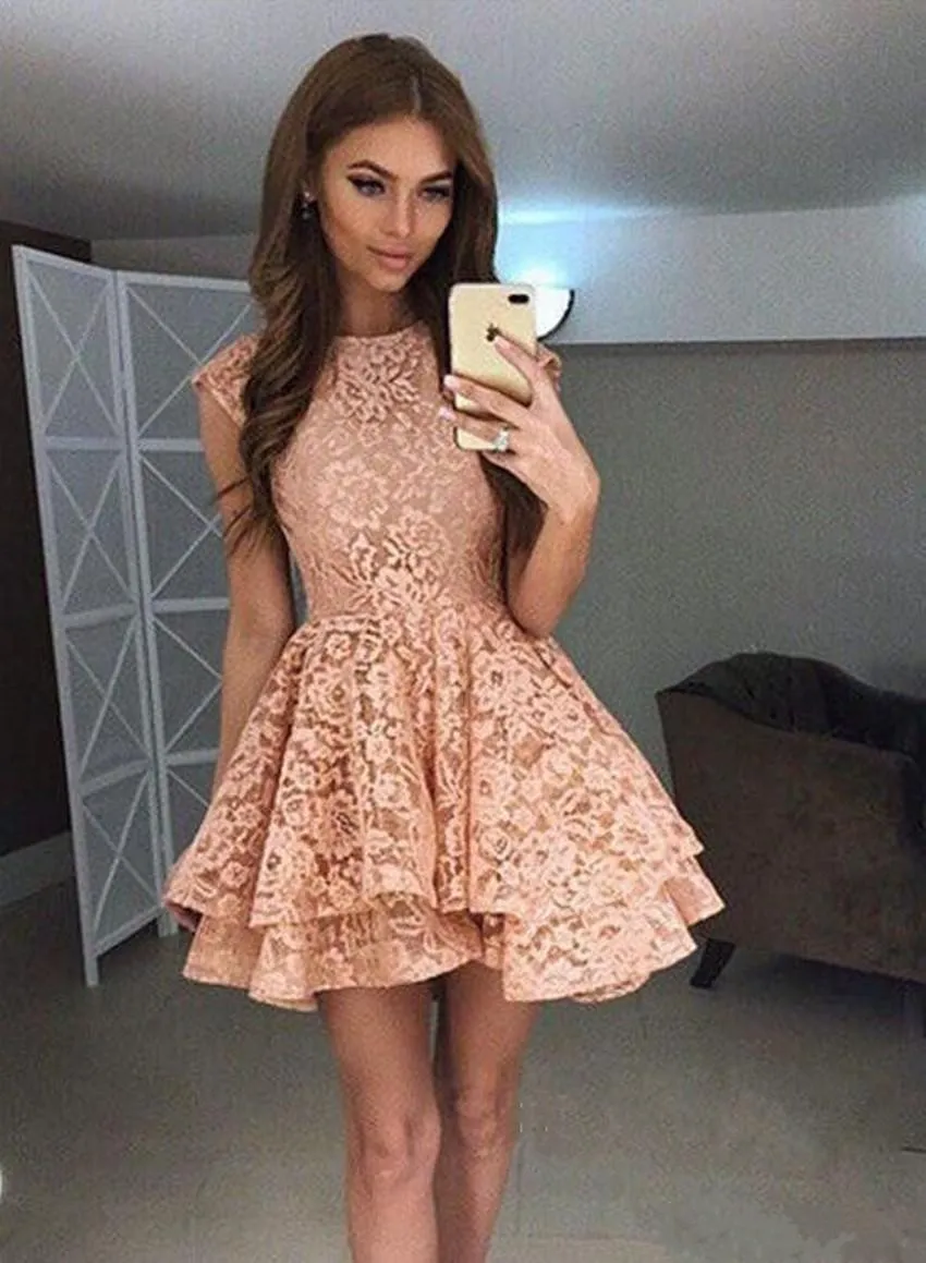 New Arrival Pink Short Cap Sleeves Homecoming Dresses Lace Appliqued A Line Party Cocktail Prom Dress Cheap Mini Formal Gowns