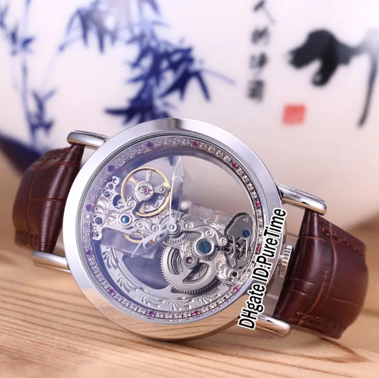 Ny Golden Bridge 42mm Steel Case Silver Diamond Inner Skeleton Dial Automatic Tourbillon Mens Watch Sports Watches Blue Leather C254o