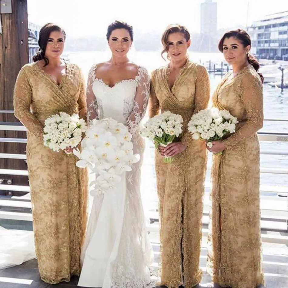2018 Cheap Hot Bridesmaid Dresses V Neck Long Sleeves Gold Full Lace Appliques Side Split Beading Ruched Wedding Guest Maid of Honor Gowns
