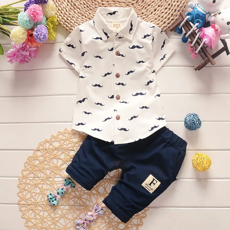 Summer Baby Boy Girl Clothes Shirt Pants Sets Gentleman Style Kid Lovely Beard Lapel Infant Casual Suits Children Tracksuit Y5855423