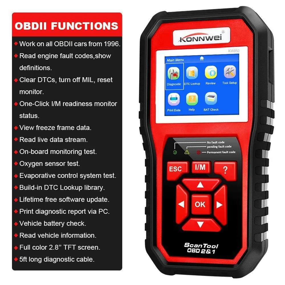 새로운 Konnwei KW850 OBDII OBD2 EOBD 자동차 자동 코드 리더 진단 스캐너 도구 12V 소매 박스 업 DHL 321Y