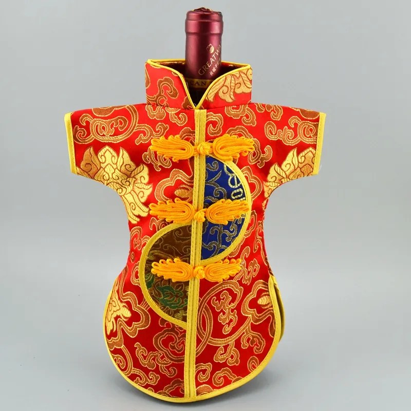 Antieke Chinese stijl Wijnfles Cover Kerst Tas Tafeldecoratie Zijde Brokaat Stof Rode Wijn Tas Fles Pouch fit 750ml 100242i