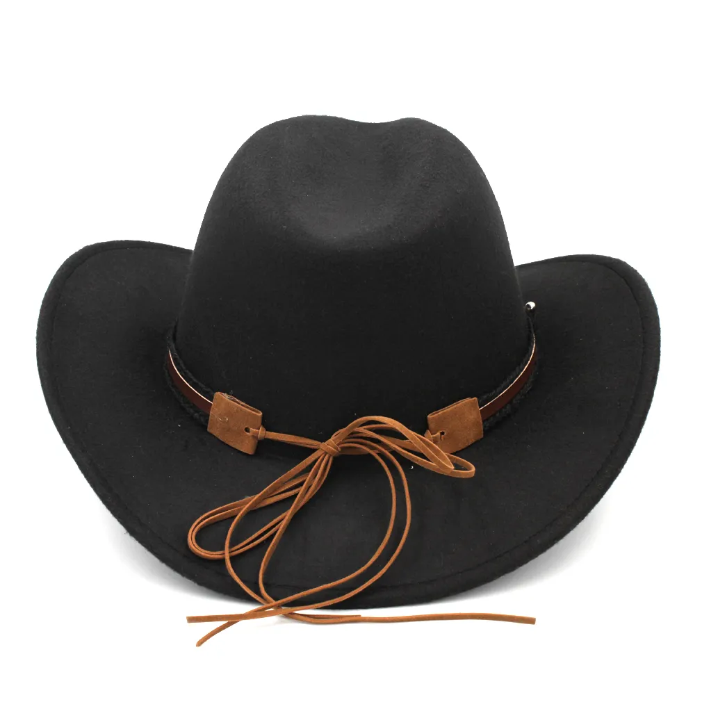 Moda mężczyźni wełna wełna mieszanka Western Cowboy Cowboy Cap Wide Brim Sombrero chrzesto -ojciec czapki czapki jazz hat tauren skórzany zespół255f