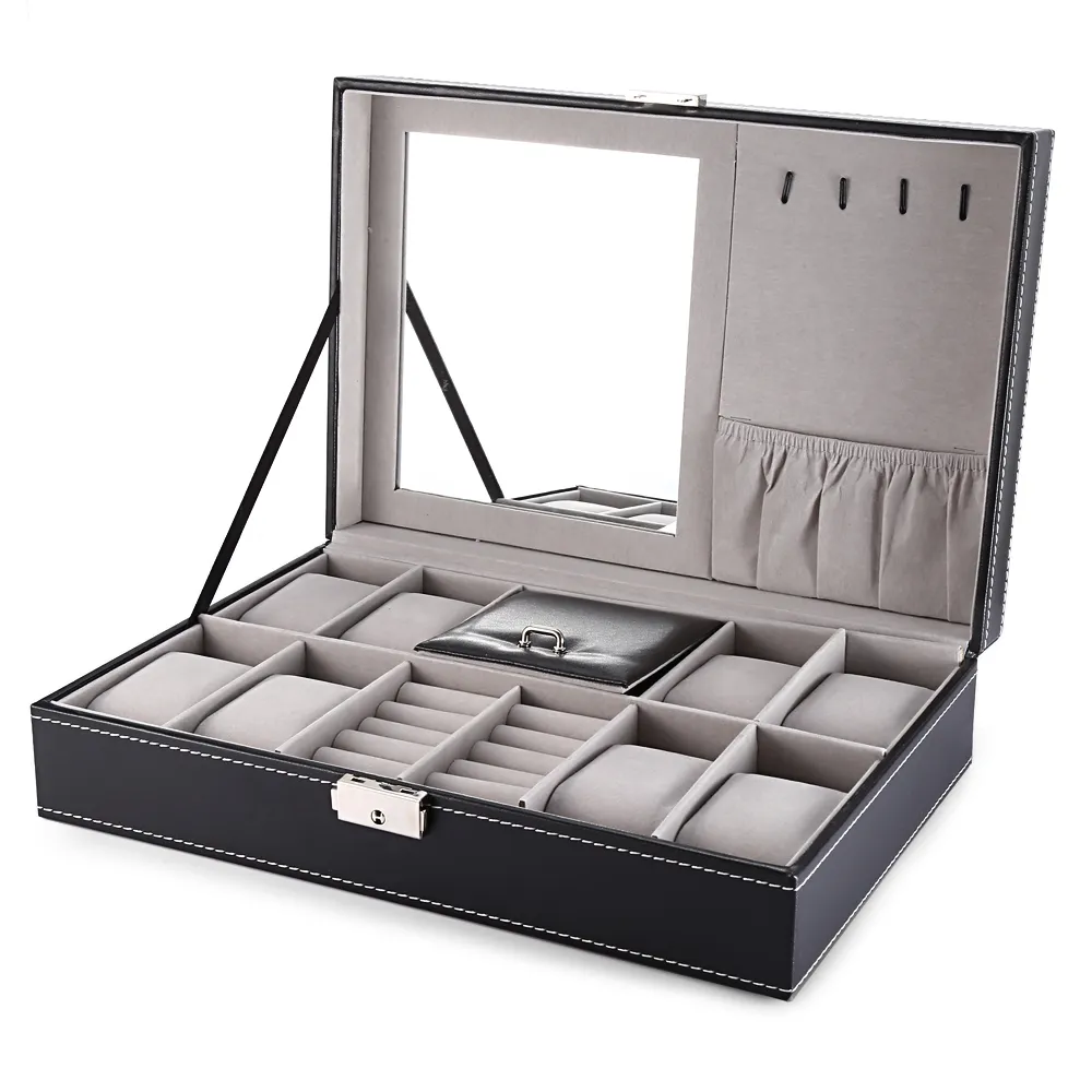 Alta qualidade 8 slots de grade relógio exibição caixa de couro do plutônio multifuncional caixa de jóias armazenamento organizador relógios caixas quadradas box333q
