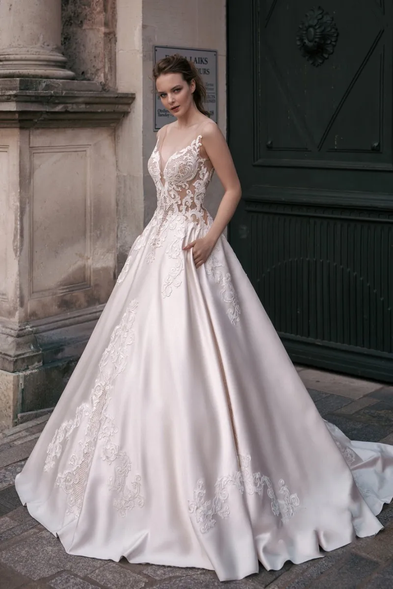 milva bridal satin wedding dress lace appliqued backless wedding dresses ball gowns robe de marie