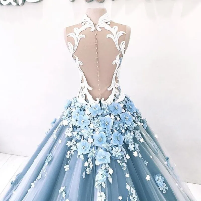 Glamorous Handmade Flowers Evening Dress Sexy High Neck Beads Lace Applique Tulle Ball Gowns Prom Dress Elegant Dubai Long Evening281Z