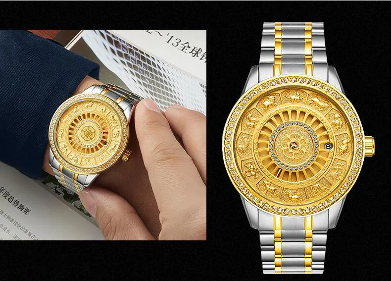 Charme diamants dorés montres hommes plein acier créateur de mode montre-bracelet mécanique date automatique horloge mâle cadeau boxes265o