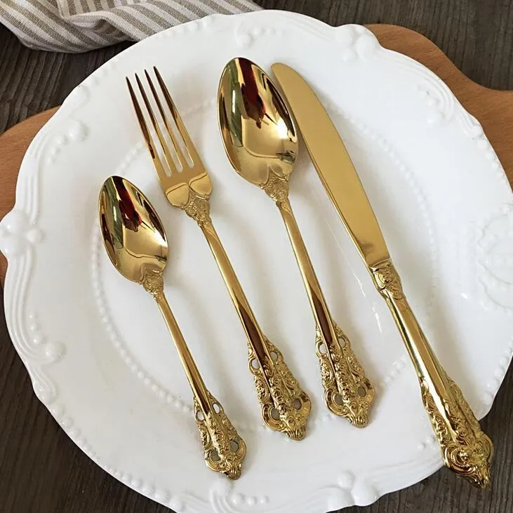 Hoogwaardige retro bestekset zilver en goud roestvrijstalen bestekset LNIFE vorklepel 5-delige serviesset servies sets282s