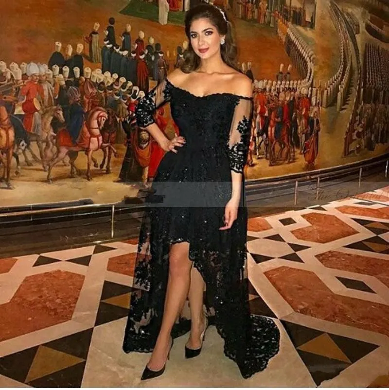Charming Sexy Black Lace Prom Dresses Off Shoulder Full Lace 1/2 Illusion Sleeves Hi-Lo Beaded Formal Party Gowns Evening Dress