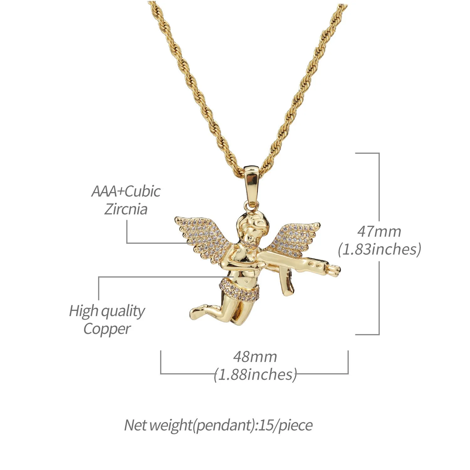 Top-Qualität Schmuck Zirkon Gold Silber niedlichen Engel Baby Carry Gun Stuff Anhänger Halskette Seil Kette für Männer Frauen2351