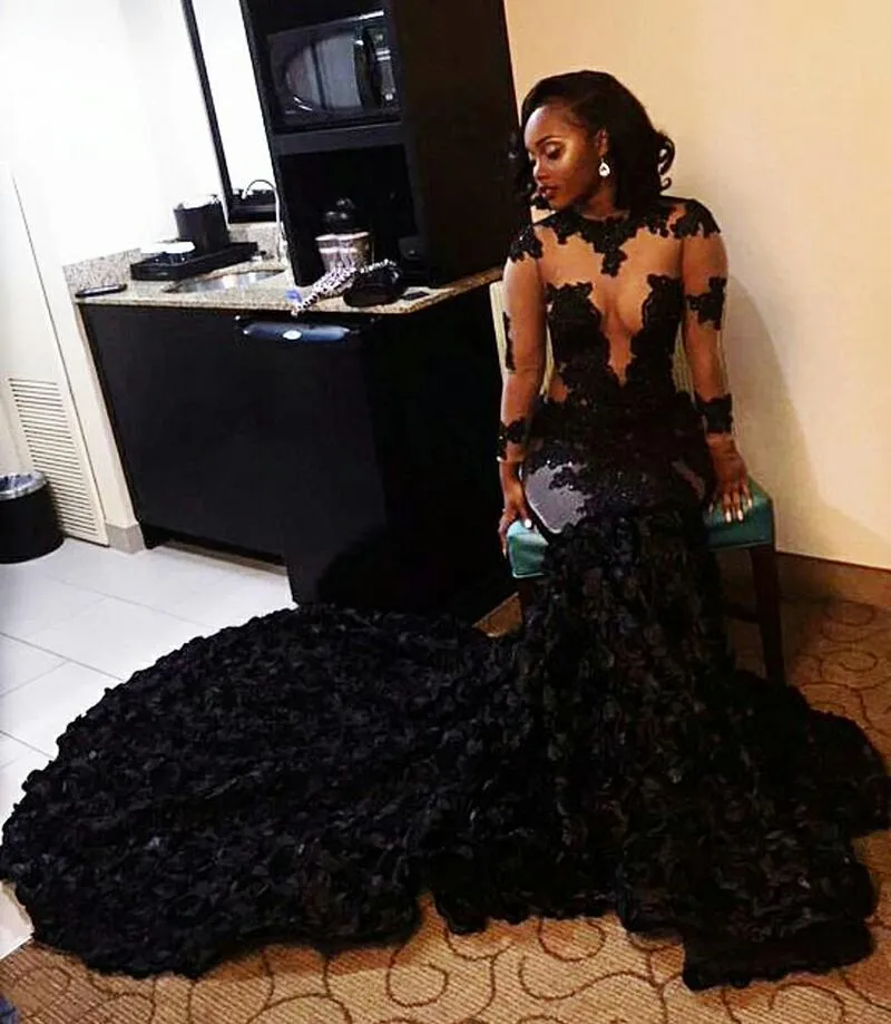 African Black Lace Mermaid Prom Dresses Sheer Neckline Appliques Long Sleeves Evening Dress Long Sweep Train Formal dress dubai Pa253L