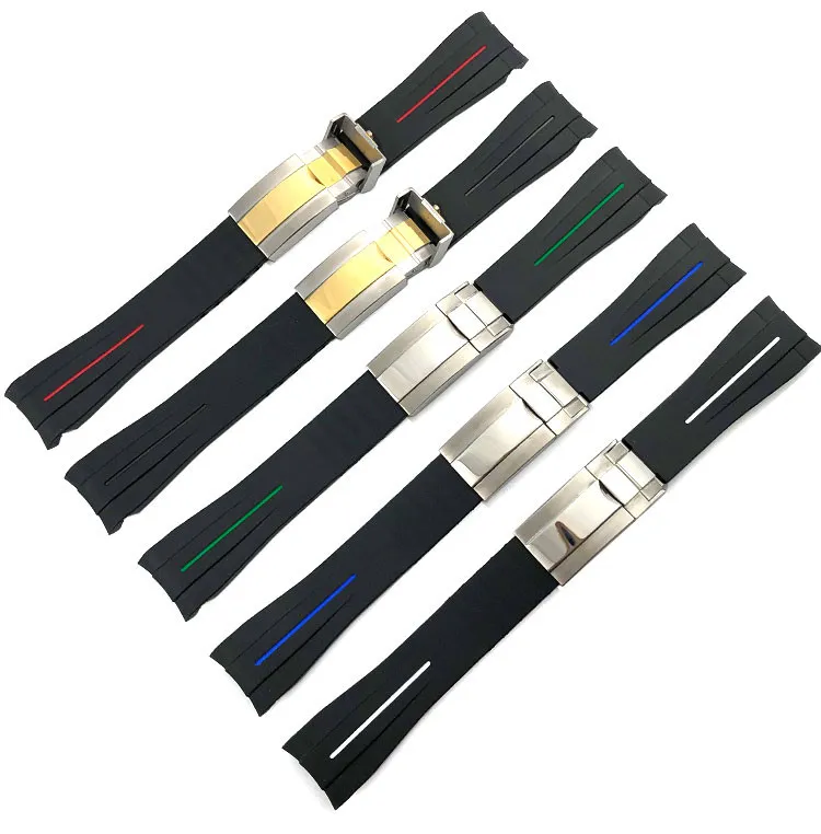Силиконовый резиновый ремешок для часов из нержавеющей стали с складной пряжкой, ремешок для часов Oysterflex SUB, браслет для часов, мужские 20 мм, черный, красный, синий T253N