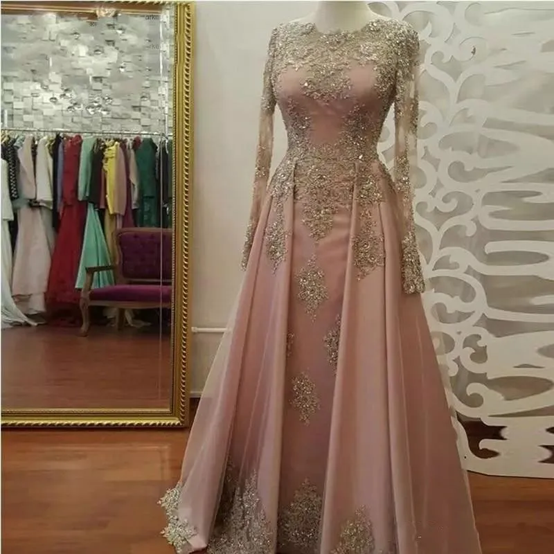 New Dubai Arabic A Line Lace Prom Dresses Applique Long Sleeves Jewel Neck Sequined Formal Evening Gowns Celebrity Pageant Prom Dress