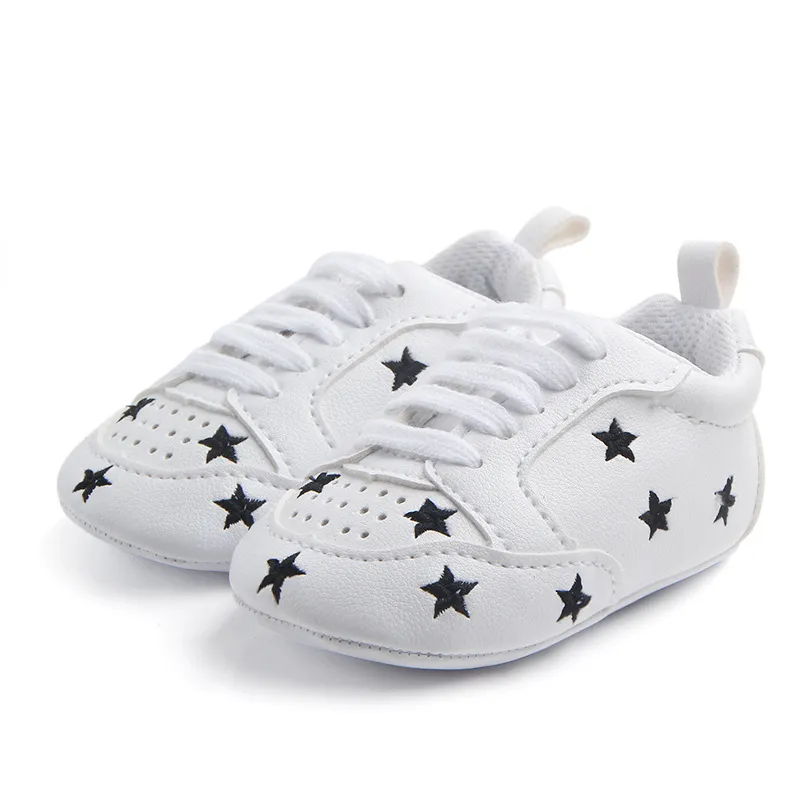 Zapatos de bebé para niños recién nacidos, niñas, corazón, patrón de estrellas, primeros pasos, niños pequeños, zapatillas de deporte de PU con cordones de 0 a 18 meses