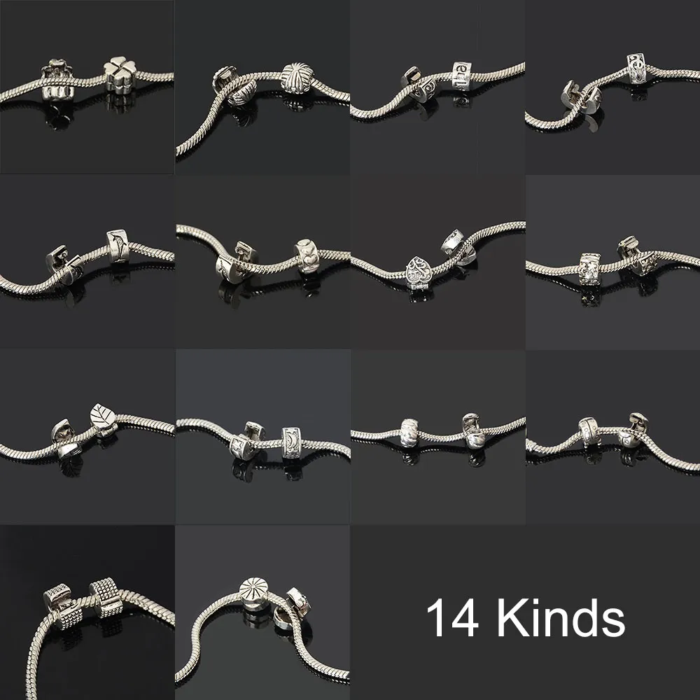 50 STKS 14 Ontwerp Liefde Muziek Bloem Dolfijn Blad Ster Maan Punt Europese Kralen Clip Lock Stopper Charm Kralen Spacer voor Armband Op3159