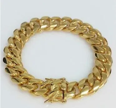 Bracelet à maillons cubains Miami pour hommes, en or jaune 18 carats, fermoir boîte, 12mm, 2104