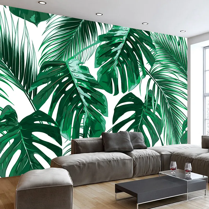 Foto de pantalla personalizada murales 3d moderno pintado a mano tropical tropical hoja de plátano hojas pastoral pintura mural de pareded 3d