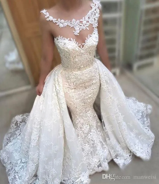 New Modest Mermaid Wedding Dresses With Detachable Train Overskirts Sheer Neck Full Lace Appliqued Bridal Gowns Arabic Dubai Wedding Dress