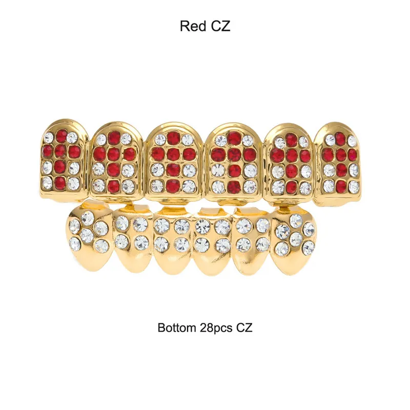 Accessori per feste cosplay hiphop CZ Crystal Bio Rame Oro Denti Grillz Caps Top & Bottom con ciondolo croce nera rossa_voghion.com