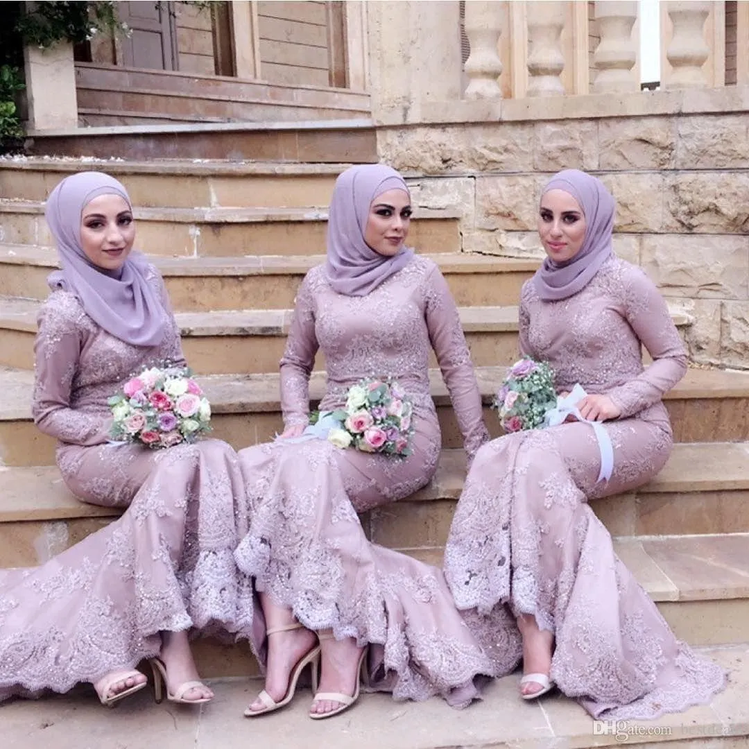 New Purple Muslim Mermaid Bridesmaid Dresses Beads Lace Applique Long Sleeves Formal Maid of Honor Custom Prom Dresses Evening Gowns
