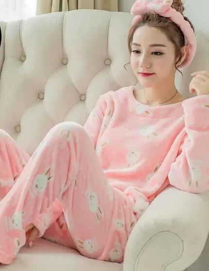 2018 hiver nouveau épaissi mignon lapin endormi corail polaire pyjamas doux confortable ameublement costume velours maison porter loisirs S1015