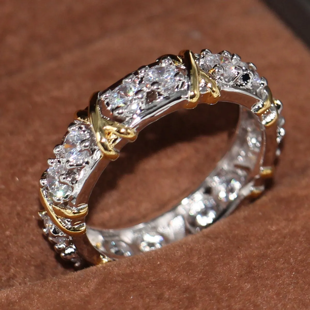 Wholesale Professional Eternity Diamonique CZ Simulated Diamond 10KT White&Yellow Gold Filled Wedding Band Cross Ring Size 5-11