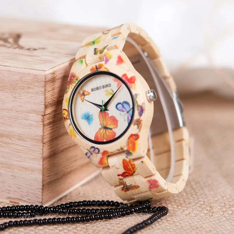Целые женские часы BOBO BIRD из бамбукового дерева, кварцевые часы с бабочкой, брендовые дизайнерские праздничные подарки с коробкой, 281E