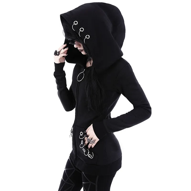 Long Gothic Punk Women Hoodies Iron Ring Black Loose Hood Long Sleeve Casual Sweatshirt Plus Size Oversize Tracksuit Hoody D18103001